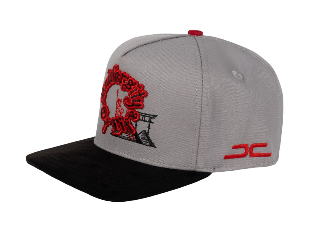 Gorra snapback de color gris con visera negra y bordados en color rojo en el frente y lateral.