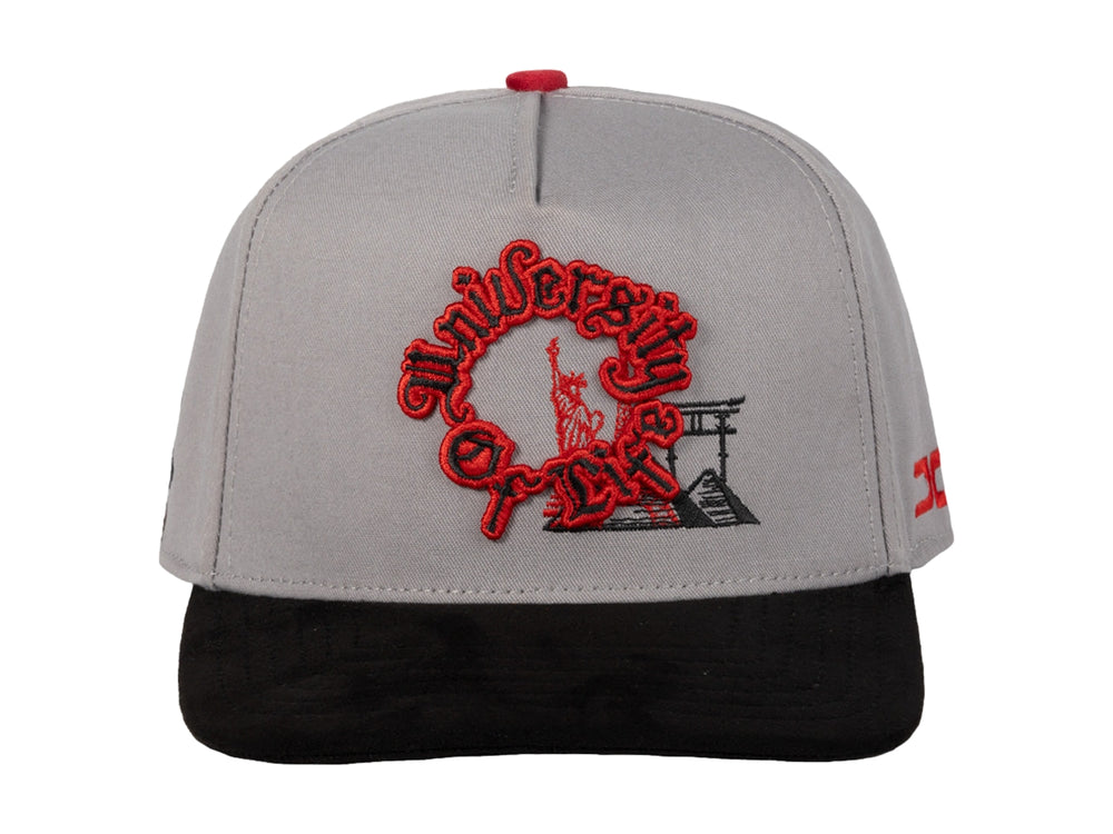 Gorra snapback de color gris con visera negra y bordados en color rojo en el frente y lateral.
