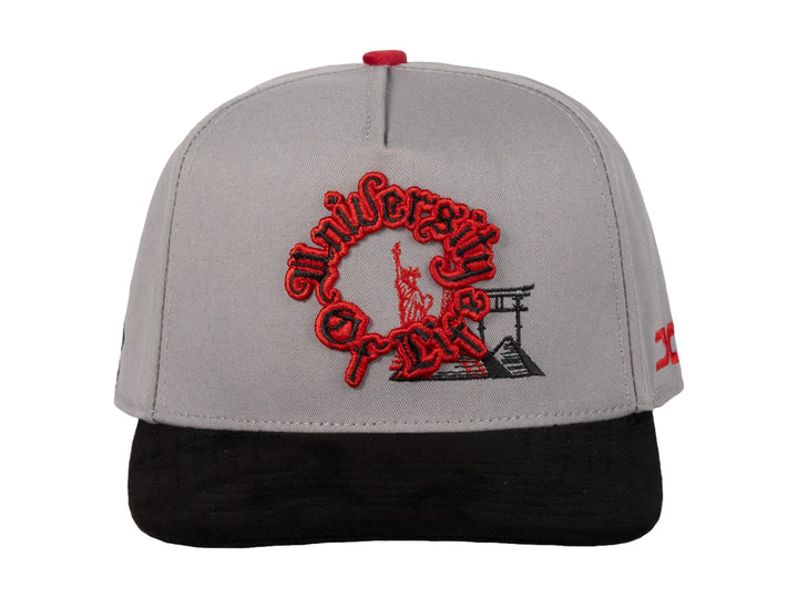 Gorra snapback de color gris con visera negra y bordados en color rojo en el frente y lateral.