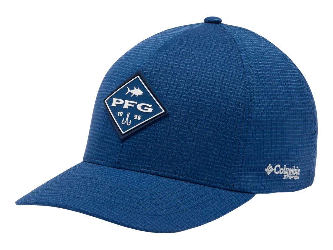 Gorra Columbia PFG color azul con logotipo diamante en el frente y visera curva.