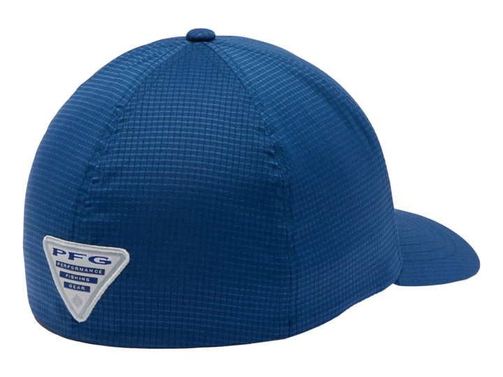 Gorra Columbia PFG color azul con logotipo diamante en el frente y visera curva.
