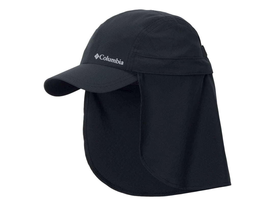 Gorra Columbia color negro con visera y protector posterior para el cuello, ideal para actividades al aire libre.