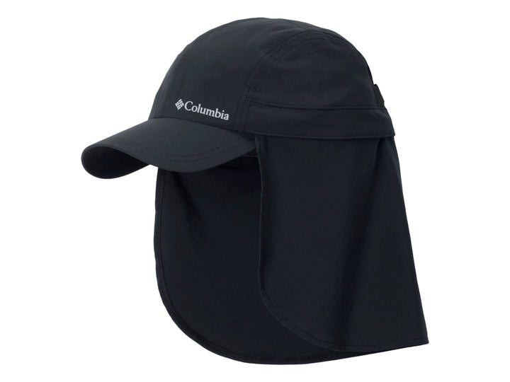 Gorra Columbia color negro con visera y protector posterior para el cuello, ideal para actividades al aire libre.