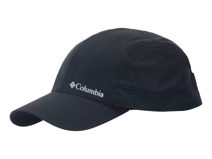 Gorra Columbia color negro con visera y protector posterior para el cuello, ideal para actividades al aire libre.