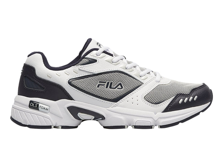 Tenis deportivos Fila en colores blanco, azul marino y gris con suela blanca robusta.