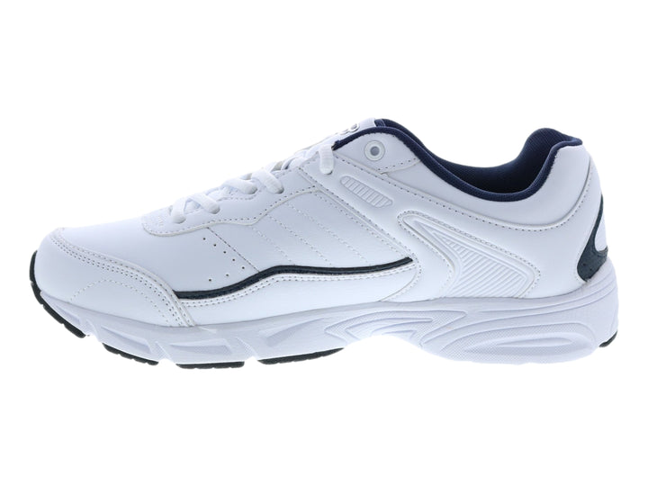 Tenis deportivos FILA de color blanco con detalles en azul marino y suela blanca.