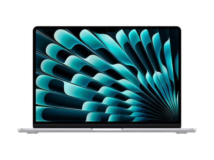 Laptop Apple MacBook Air color plata con pantalla encendida mostrando fondo abstracto en tonos azules y verdes.
