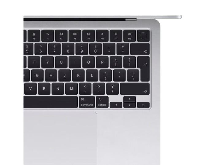Laptop Apple MacBook Air color plata con pantalla encendida mostrando fondo abstracto en tonos azules y verdes.