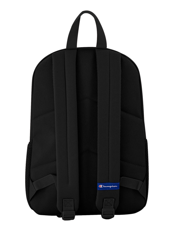 Mochila escolar negra de marca Champion con lapicera a juego sobre fondo blanco.