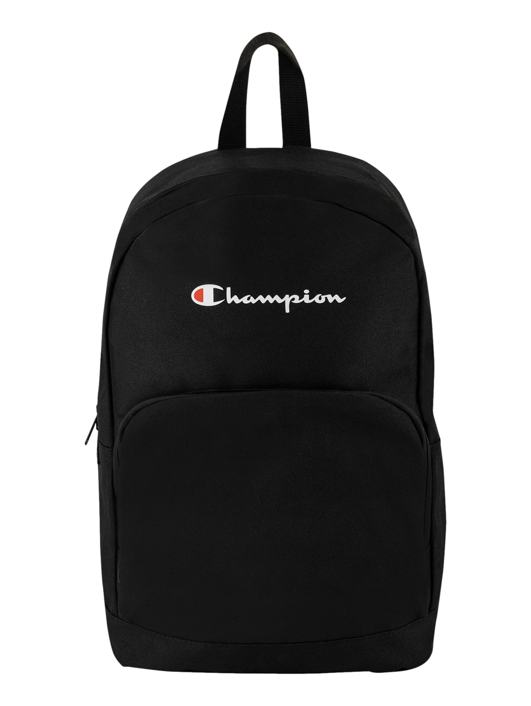 Mochila escolar Champion de color negro con logotipo blanco frontal.