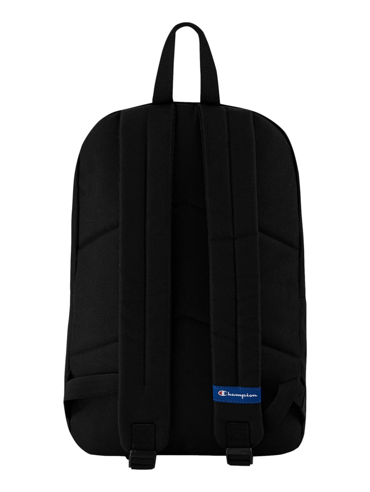 Mochila escolar Champion de color negro con logotipo blanco frontal.