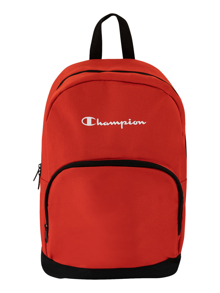Mochila escolar Champion de color rojo con base y detalles en negro y logotipo blanco al frente.