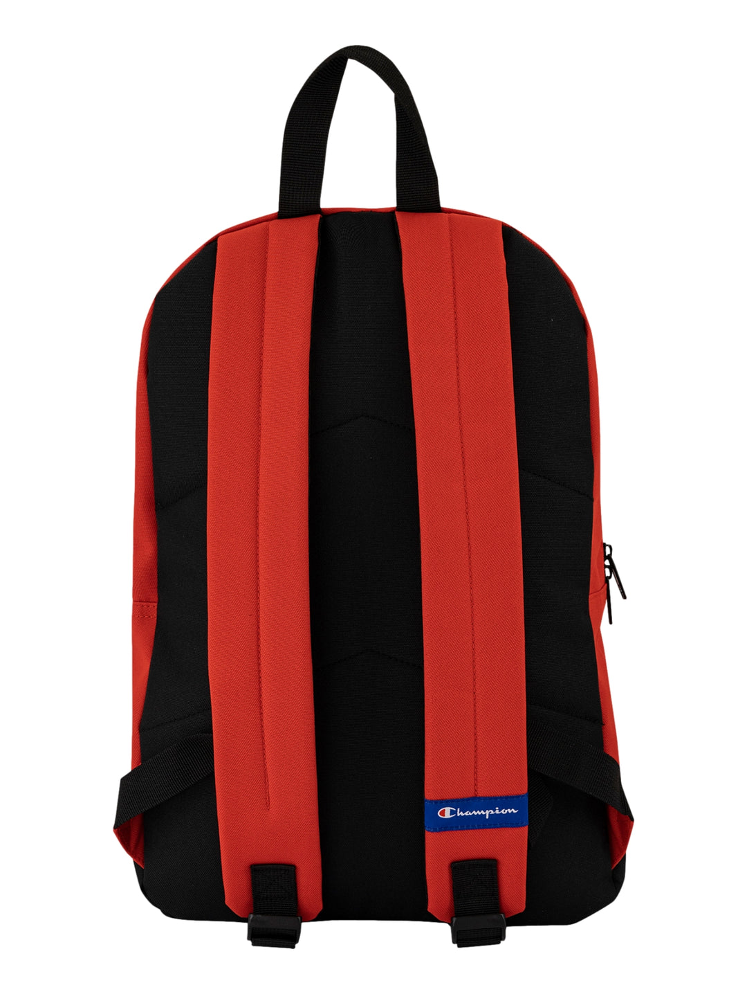 Mochila escolar Champion de color rojo con base y detalles en negro y logotipo blanco al frente.