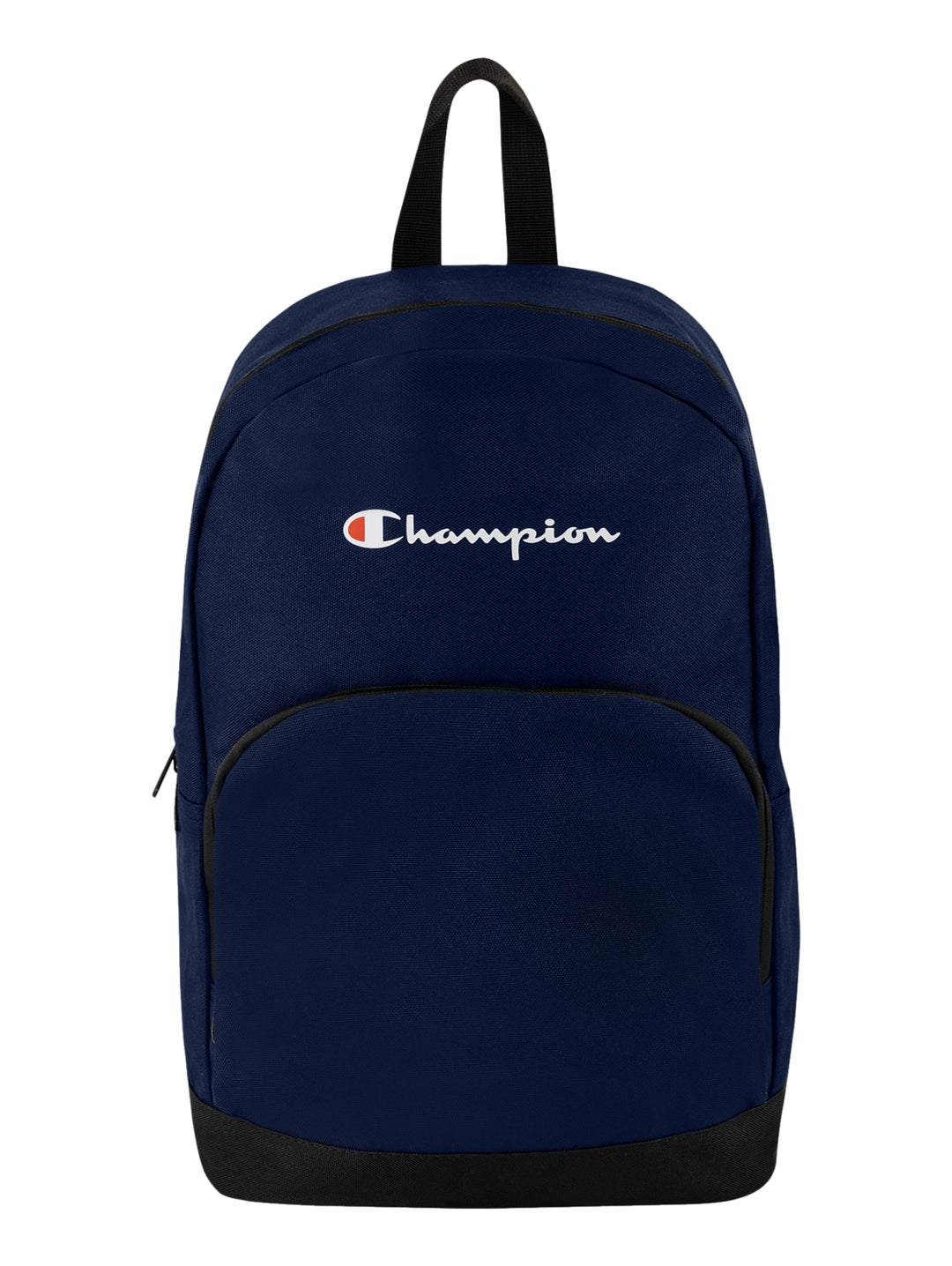 Mochila escolar Champion de color azul marino con base y asa en color negro y logotipo frontal blanco.