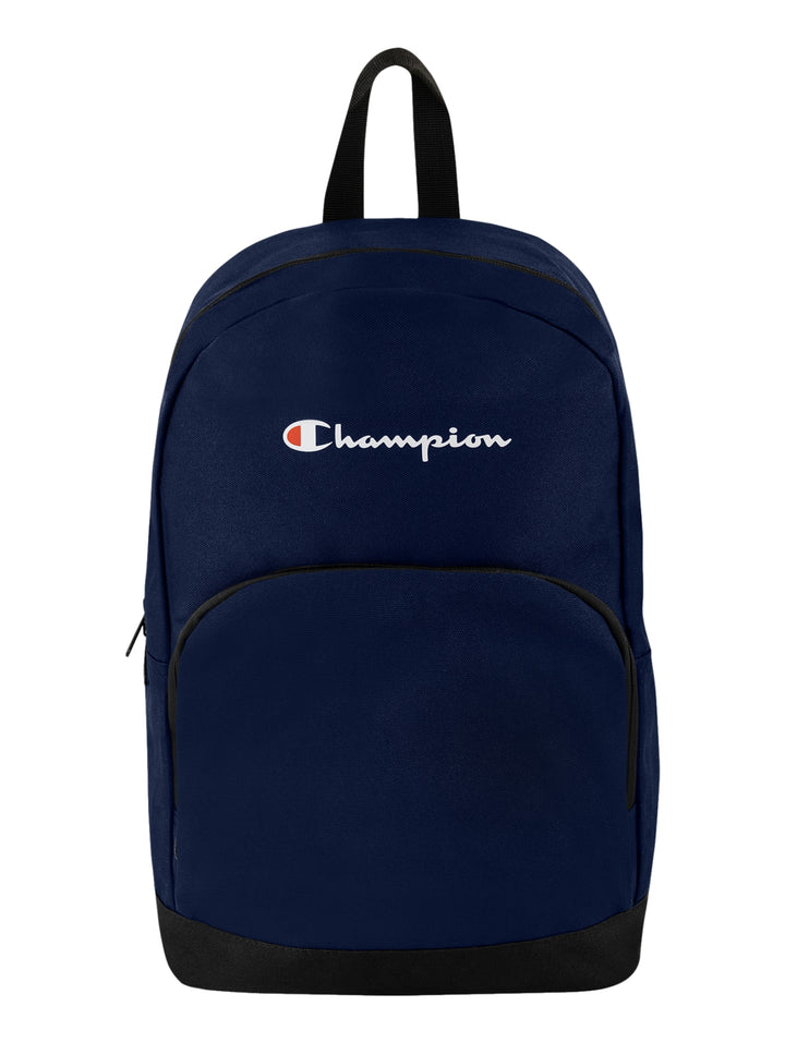 Mochila escolar Champion de color azul marino con base y asa en color negro y logotipo frontal blanco.