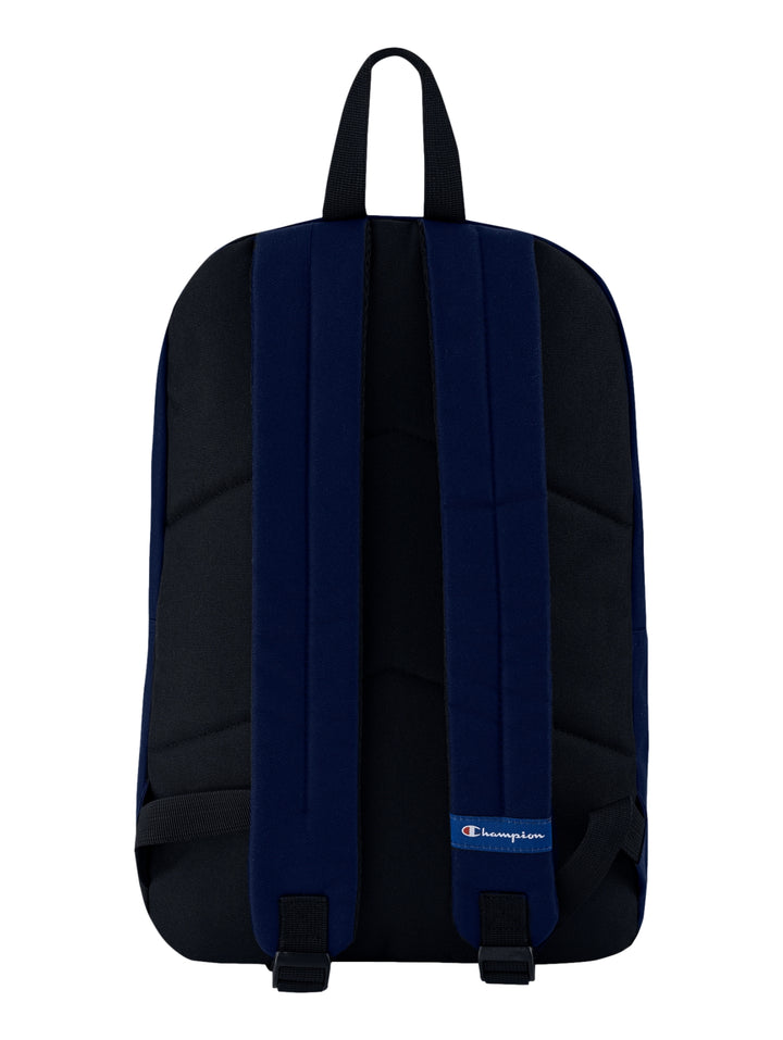 Mochila escolar Champion de color azul marino con base y asa en color negro y logotipo frontal blanco.