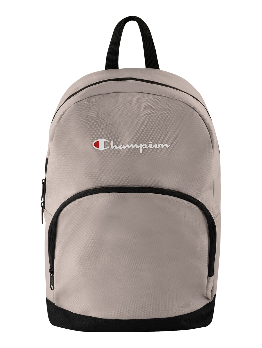 Mochila escolar Champion color gris con base y correas negras y logotipo frontal.