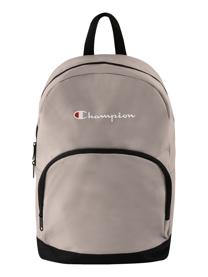 Mochila escolar Champion color gris con base y correas negras y logotipo frontal.