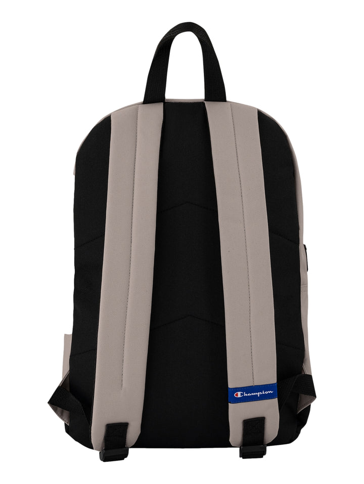 Mochila escolar Champion color gris con base y correas negras y logotipo frontal.
