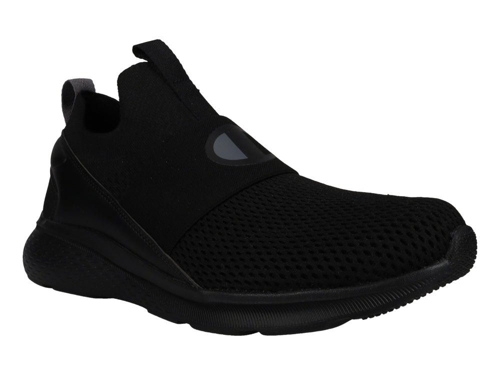 Tenis deportivos Champion color negro, diseño slip-on con malla transpirable y suela gruesa.