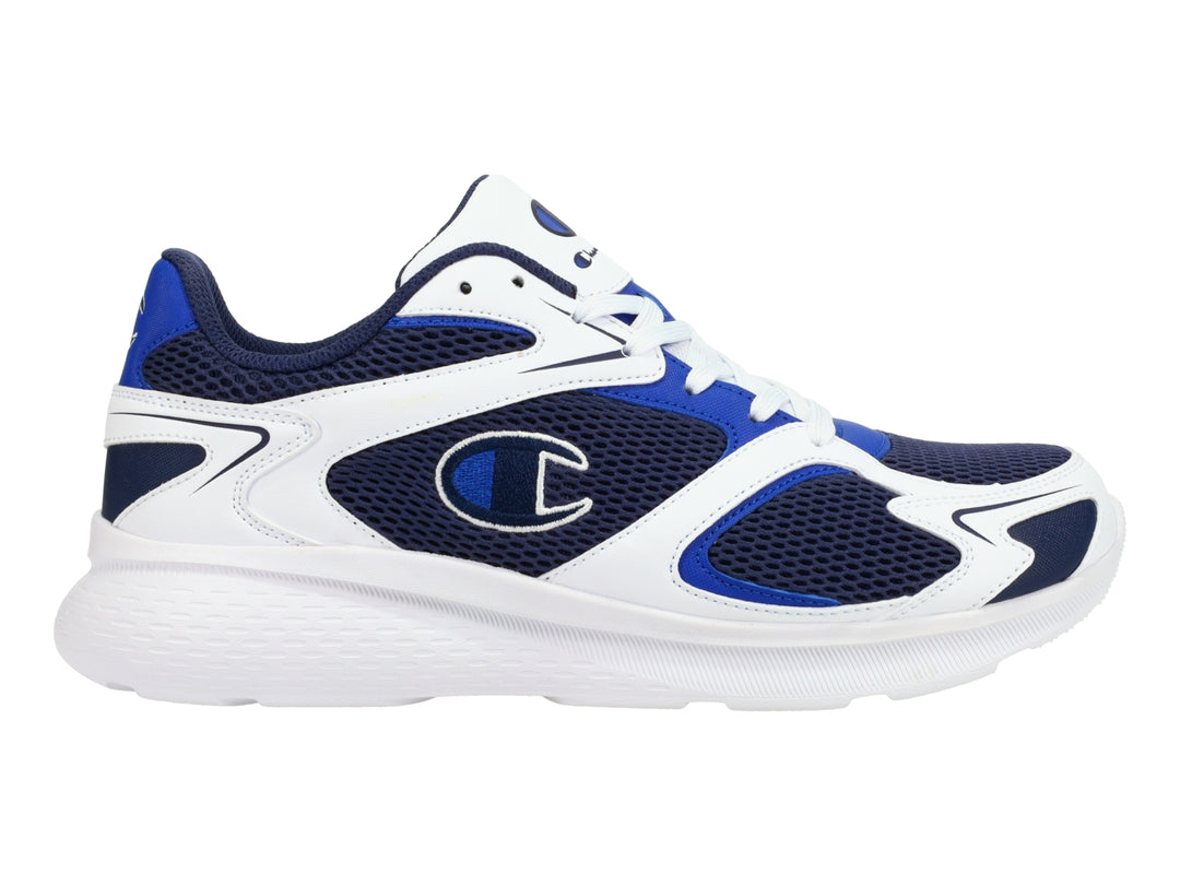 Tenis deportivos Champion en colores azul marino y blanco con suela blanca y diseño retro.