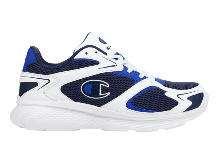 Tenis deportivos Champion en colores azul marino y blanco con suela blanca y diseño retro.