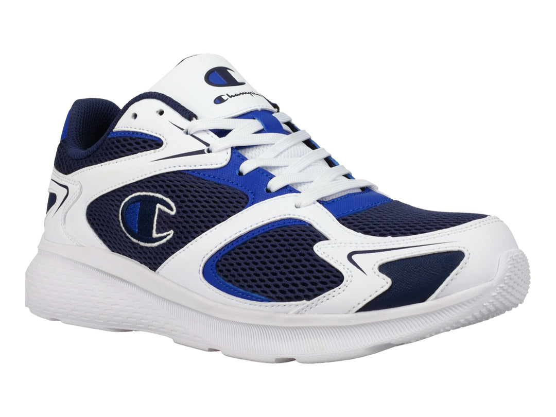 Tenis deportivos Champion en colores azul marino y blanco con suela blanca y diseño retro.