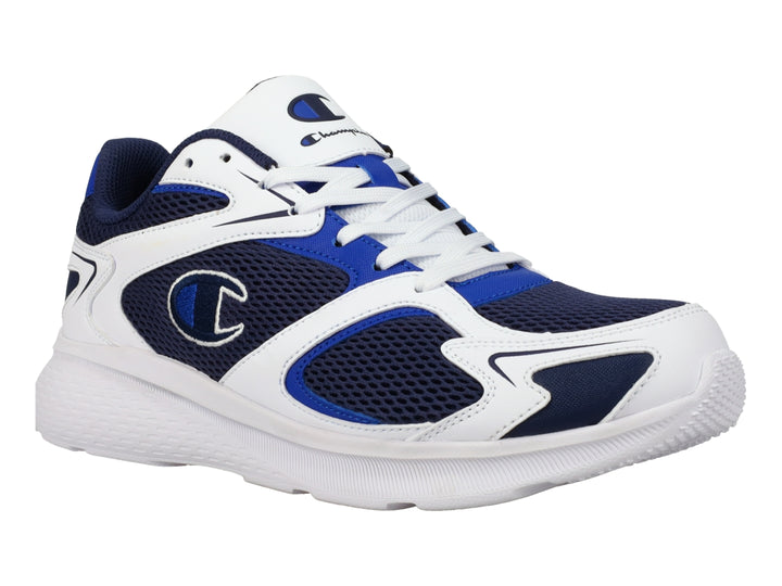 Tenis deportivos Champion en colores azul marino y blanco con suela blanca y diseño retro.