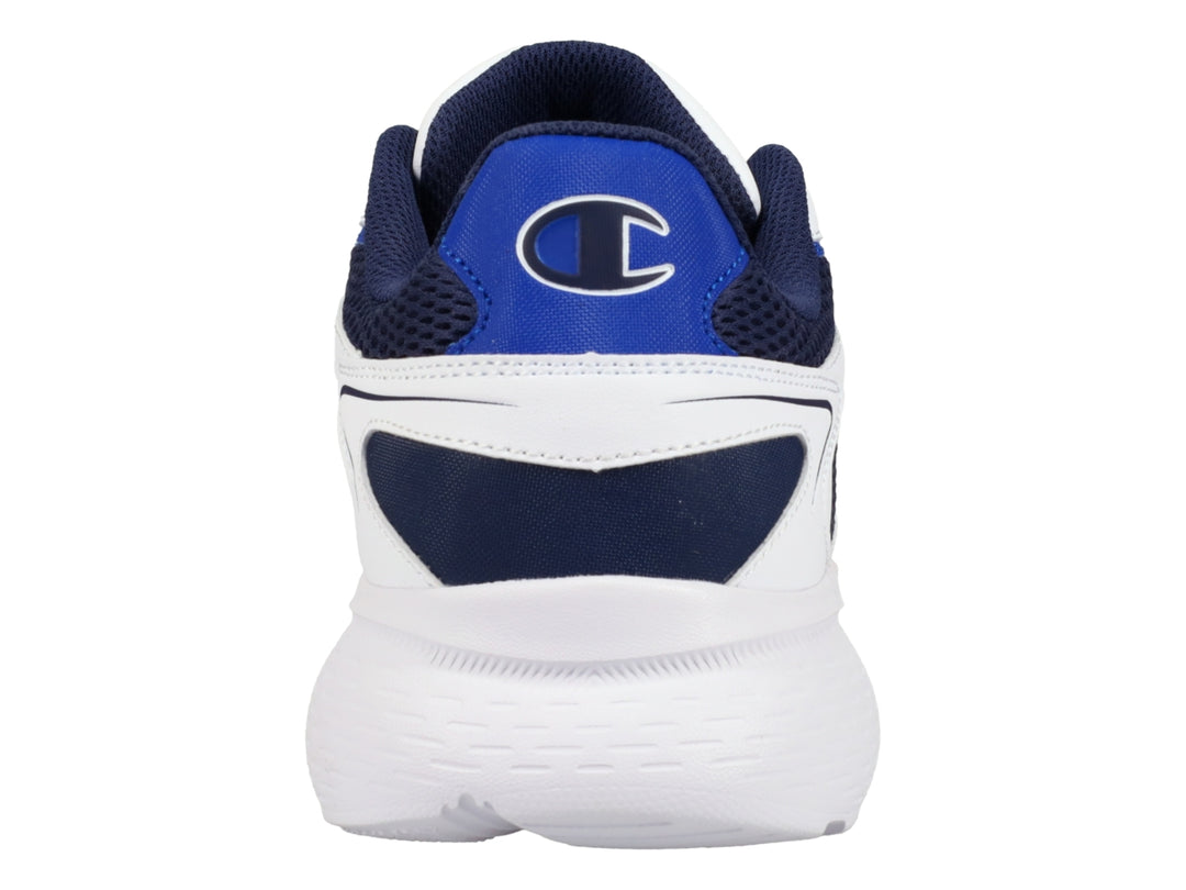 Tenis deportivos Champion en colores azul marino y blanco con suela blanca y diseño retro.