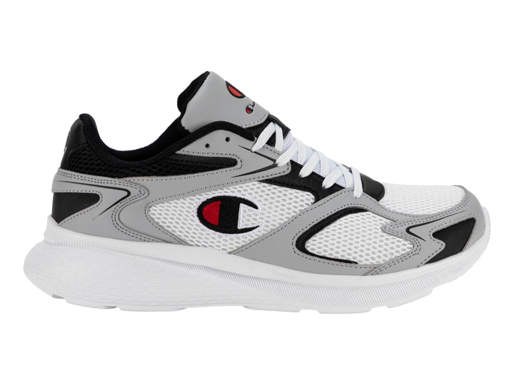 Tenis deportivos Champion modelo Brisk Retro Run en colores blanco, gris y negro con detalles en rojo.