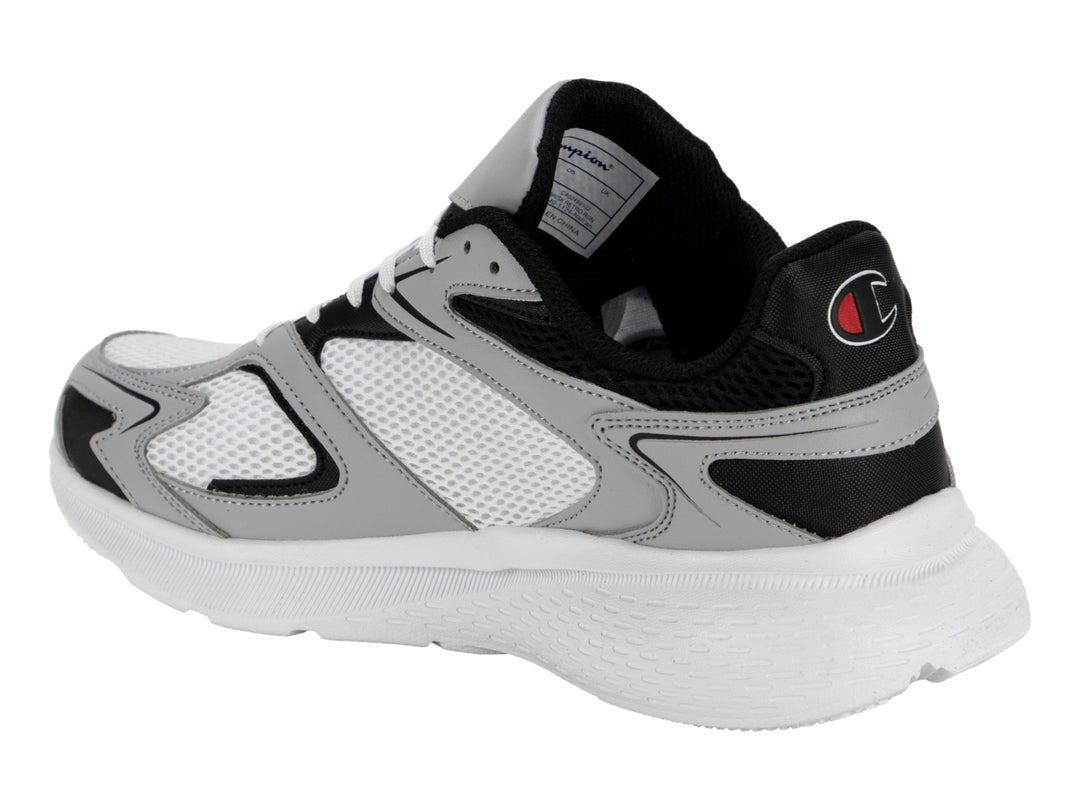 Tenis deportivos Champion modelo Brisk Retro Run en colores blanco, gris y negro con detalles en rojo.