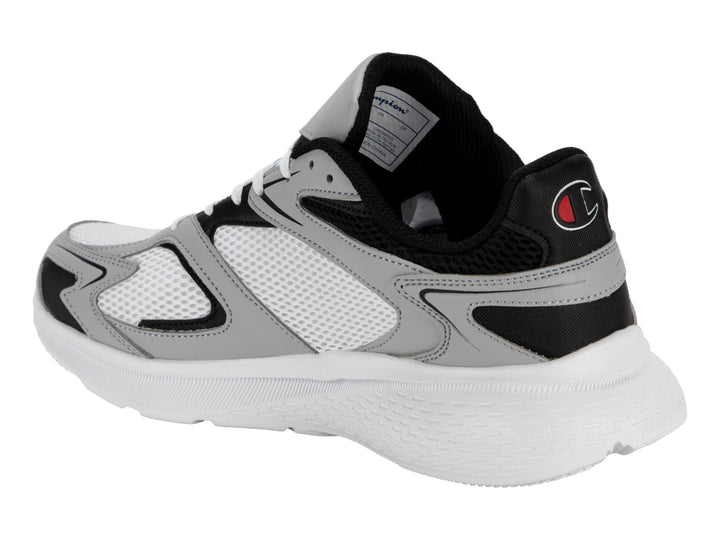 Tenis deportivos Champion modelo Brisk Retro Run en colores blanco, gris y negro con detalles en rojo.