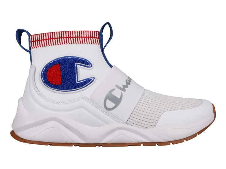 Tenis deportivos Champion color blanco con suela café y diseño tipo calcetín.