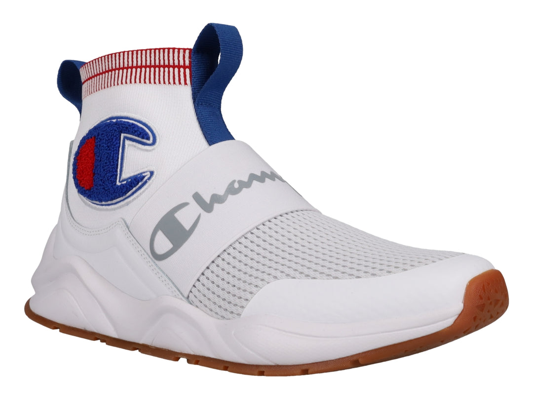 Tenis deportivos Champion color blanco con suela café y diseño tipo calcetín.