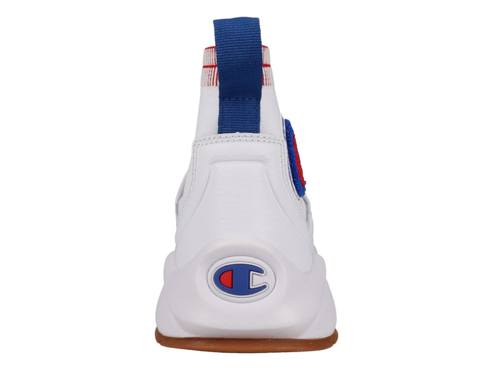 Tenis deportivos Champion color blanco con suela café y diseño tipo calcetín.