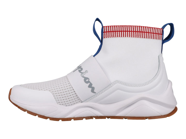 Tenis deportivos Champion color blanco con suela café y diseño tipo calcetín.