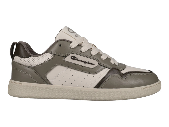 Tenis deportivos Champion en colores beige y gris con suela blanca y agujetas beige.