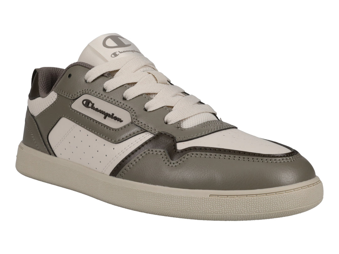 Tenis deportivos Champion en colores beige y gris con suela blanca y agujetas beige.