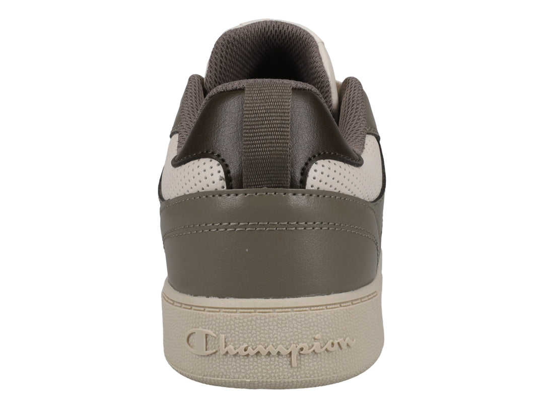 Tenis deportivos Champion en colores beige y gris con suela blanca y agujetas beige.