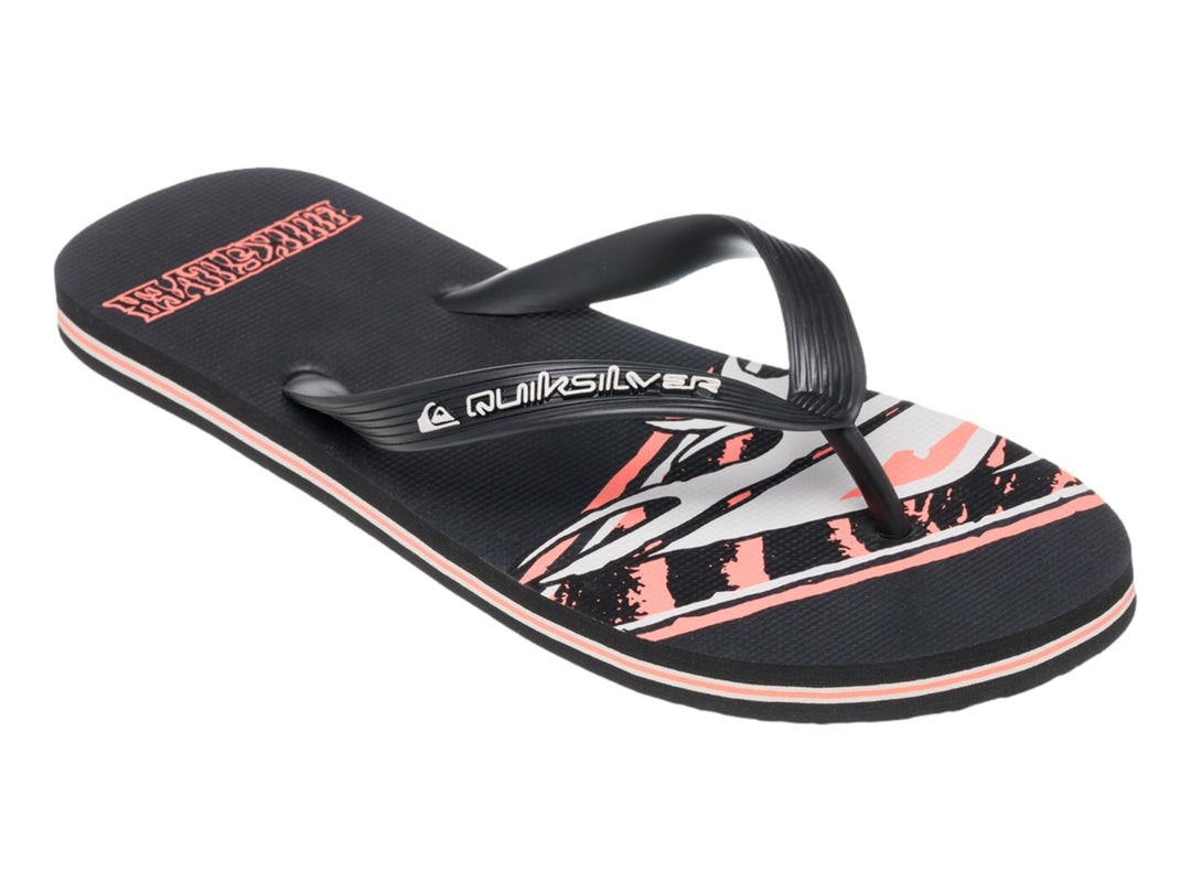 Sandalias Quiksilver color negro con detalle en rosa en la suela y correa negra.