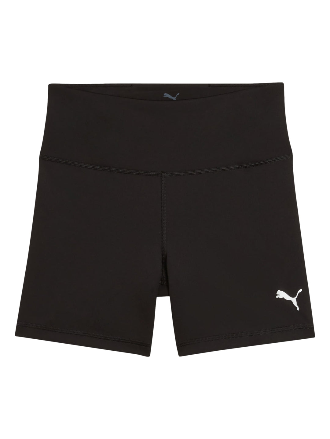 Mujer vistiendo shorts deportivos ajustados de cintura alta color negro marca PUMA.