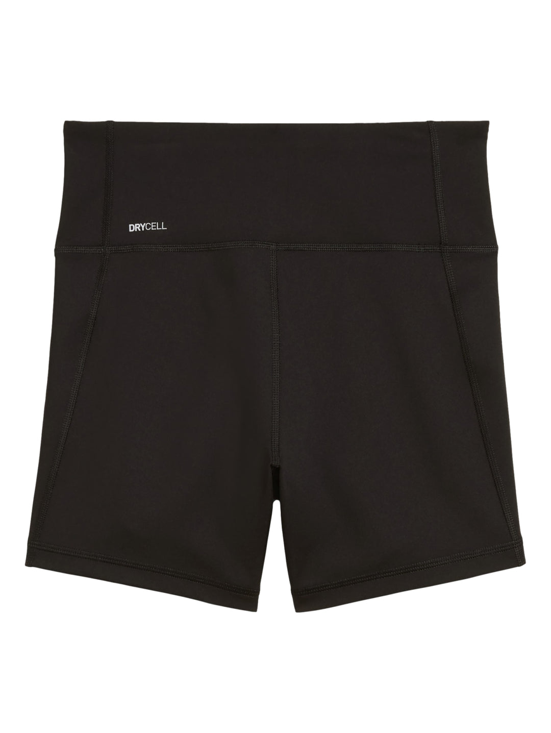 Mujer vistiendo shorts deportivos ajustados de cintura alta color negro marca PUMA.