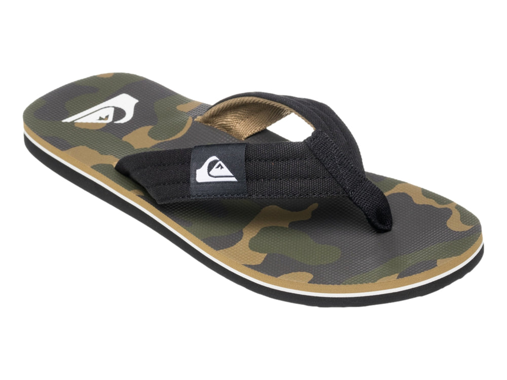 Sandalia de dedo Quiksilver en colores negro y beige con suela blanca y negra.