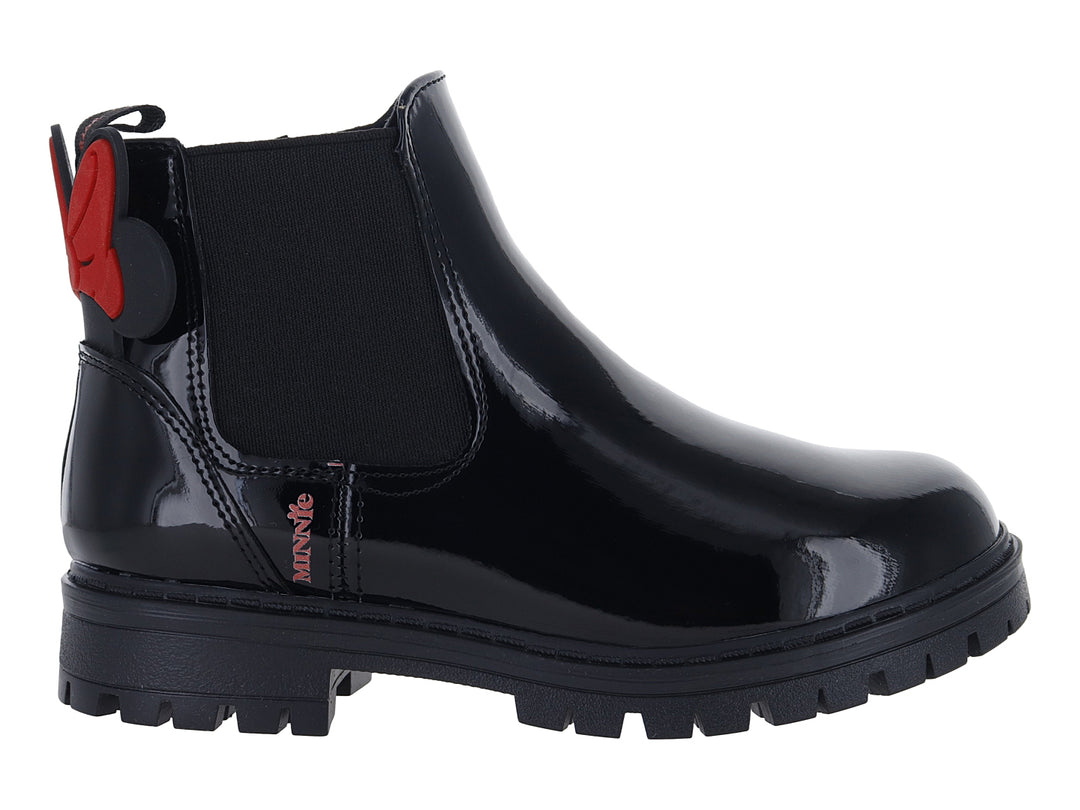 Bota negra de charol con moño rojo y suela track para niña.
