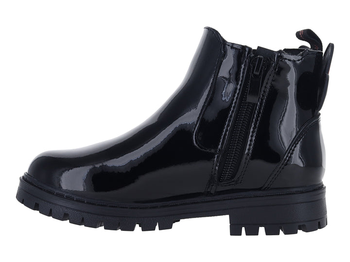 Bota negra de charol con moño rojo y suela track para niña.