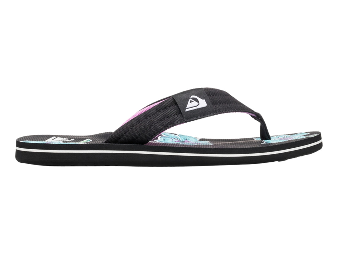 Sandalias Quiksilver negras con detalles blancos en la suela y patrones azules en la plantilla.