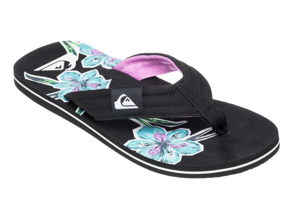 Sandalias Quiksilver negras con detalles blancos en la suela y patrones azules en la plantilla.