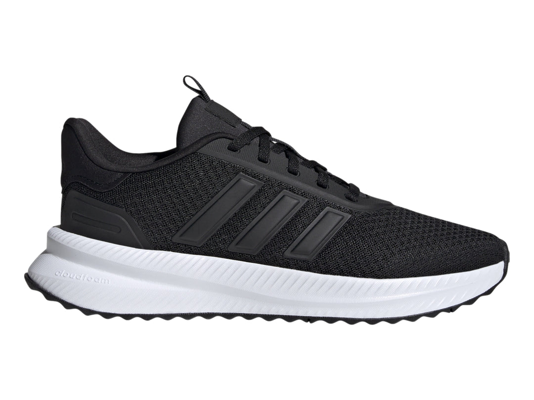 Tenis deportivos Adidas color negro con suela blanca y detalles en malla.