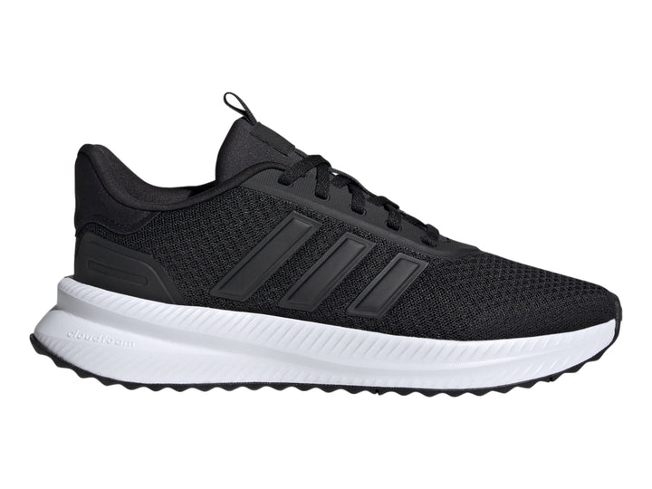 Tenis deportivos Adidas color negro con suela blanca y detalles en malla.