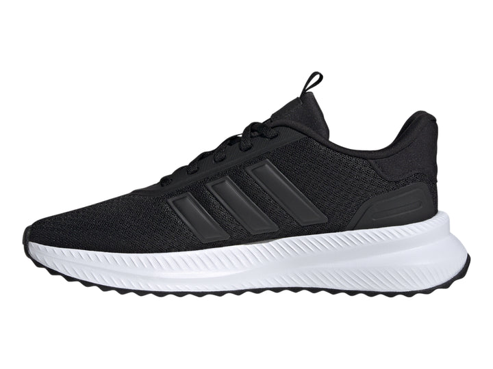 Tenis deportivos Adidas color negro con suela blanca y detalles en malla.